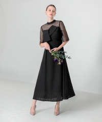 ビスチェ風切り替えプチハイネック花柄シアーレースワッフル生地ロング丈美脚効果ドレス結婚式 パーティードレス