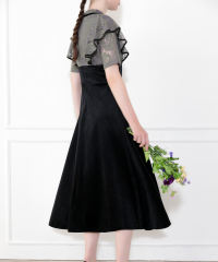 リボン付き配色ベロアレースドレス結婚式ハイウエスト美脚効果 パーティードレス