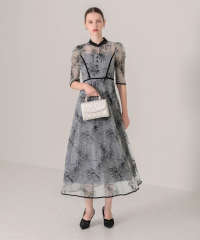 配色パイピングプチハイネック花柄刺繍ラメレースロング丈ドレスワンピース美脚効果結婚式 パーティードレス