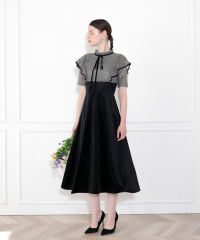 リボン付き配色ベロアレースドレス結婚式ハイウエスト美脚効果 パーティードレス