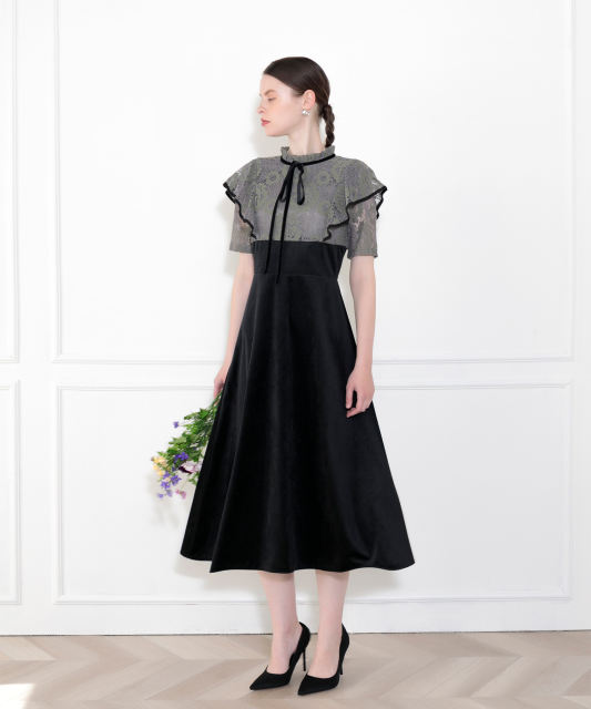 リボン付き配色ベロアレースドレス結婚式ハイウエスト美脚効果 パーティードレス