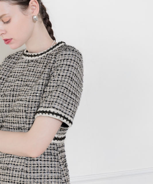 美脚効果スリット入りツイード柄ハイウエストドレス結婚式(TV紹介アイテム) パーティードレス