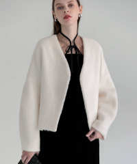 ドレスに合うアウター Vネックショートファーコートドロップショルダージャケット