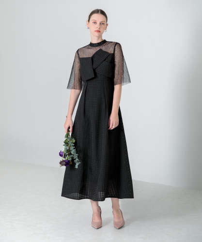 ビスチェ風切り替えプチハイネック花柄シアーレースワッフル生地ロング丈美脚効果ドレス結婚式 パーティードレス