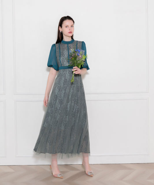 美脚効果ハイウエストチュールレース切り替えドレス結婚式(TV紹介アイテム) パーティードレス