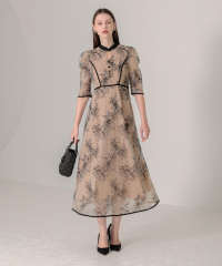 配色パイピングプチハイネック花柄刺繍ラメレースロング丈ドレスワンピース美脚効果結婚式 パーティードレス