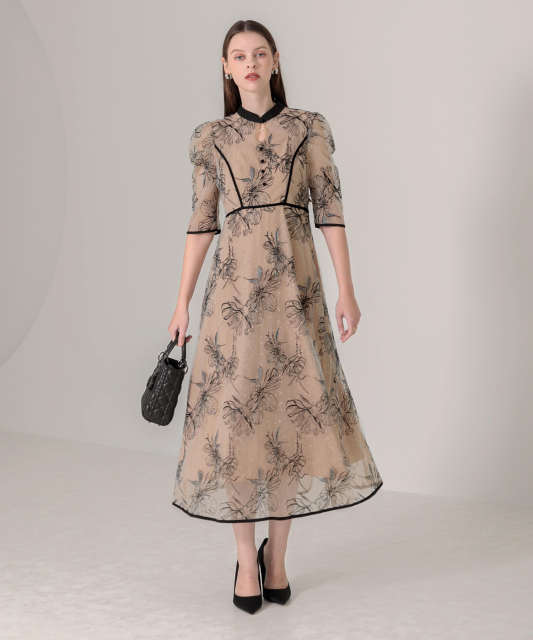 配色パイピングプチハイネック花柄刺繍ラメレースロング丈ドレスワンピース美脚効果結婚式 パーティードレス