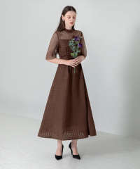 ビスチェ風切り替えプチハイネック花柄シアーレースワッフル生地ロング丈美脚効果ドレス結婚式 パーティードレス