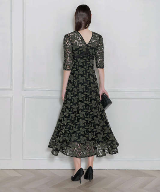 花柄刺繍レース切り替えマーメイドワンピース美脚効果ドレス結婚式 パーティードレス