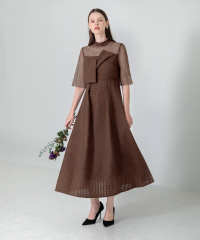 ビスチェ風切り替えプチハイネック花柄シアーレースワッフル生地ロング丈美脚効果ドレス結婚式 パーティードレス