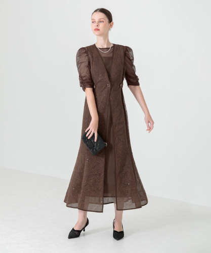 刺繍レースウエストサイド釦マーメイドシルエットジャンスカロング丈ドレスワンピース美脚効果結婚式 パーティードレス