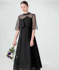 ビスチェ風切り替えプチハイネック花柄シアーレースワッフル生地ロング丈美脚効果ドレス結婚式 パーティードレス