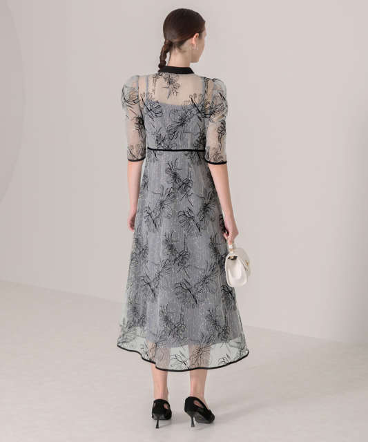 配色パイピングプチハイネック花柄刺繍ラメレースロング丈ドレスワンピース美脚効果結婚式 パーティードレス