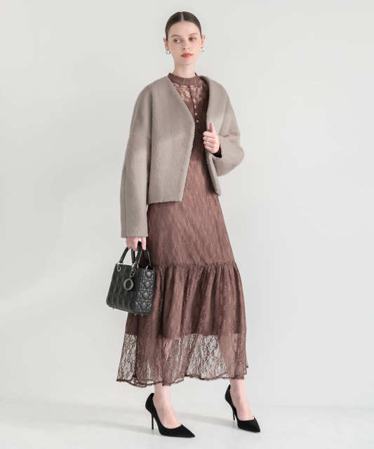 ドレスに合うアウター Vネックショートファーコートドロップショルダージャケット