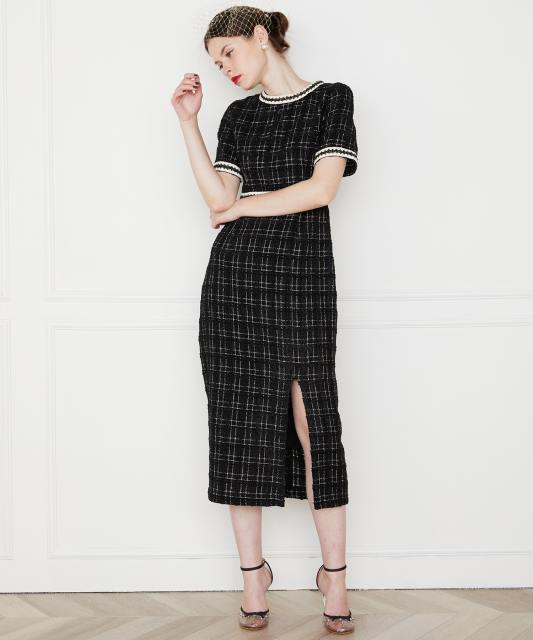 美脚効果スリット入りツイード柄ハイウエストドレス結婚式(TV紹介アイテム) パーティードレス