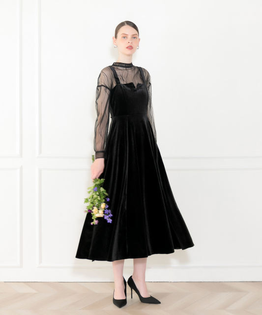 2WAY美脚フレアハイウエストキャミソールロングドレス結婚式セットアップ パーティードレス