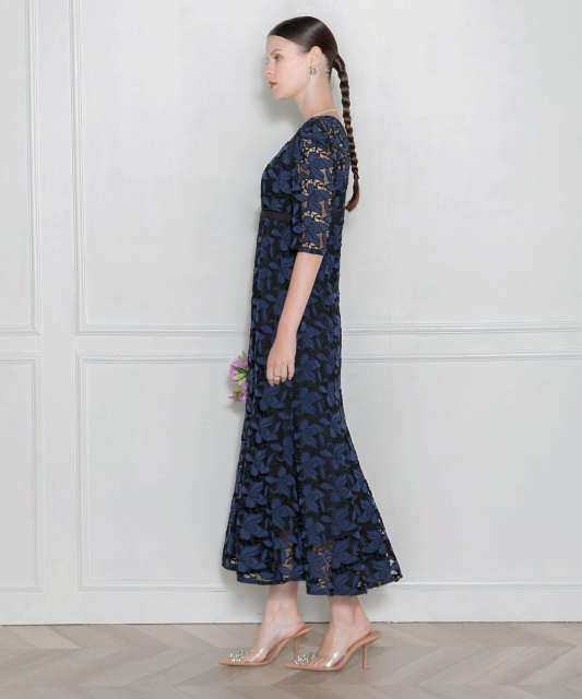 花柄刺繍レース切り替えマーメイドワンピース美脚効果ドレス結婚式 パーティードレス