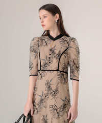 配色パイピングプチハイネック花柄刺繍ラメレースロング丈ドレスワンピース美脚効果結婚式 パーティードレス