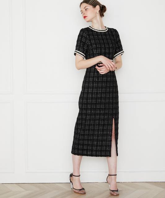 美脚効果スリット入りツイード柄ハイウエストドレス結婚式(TV紹介アイテム) パーティードレス