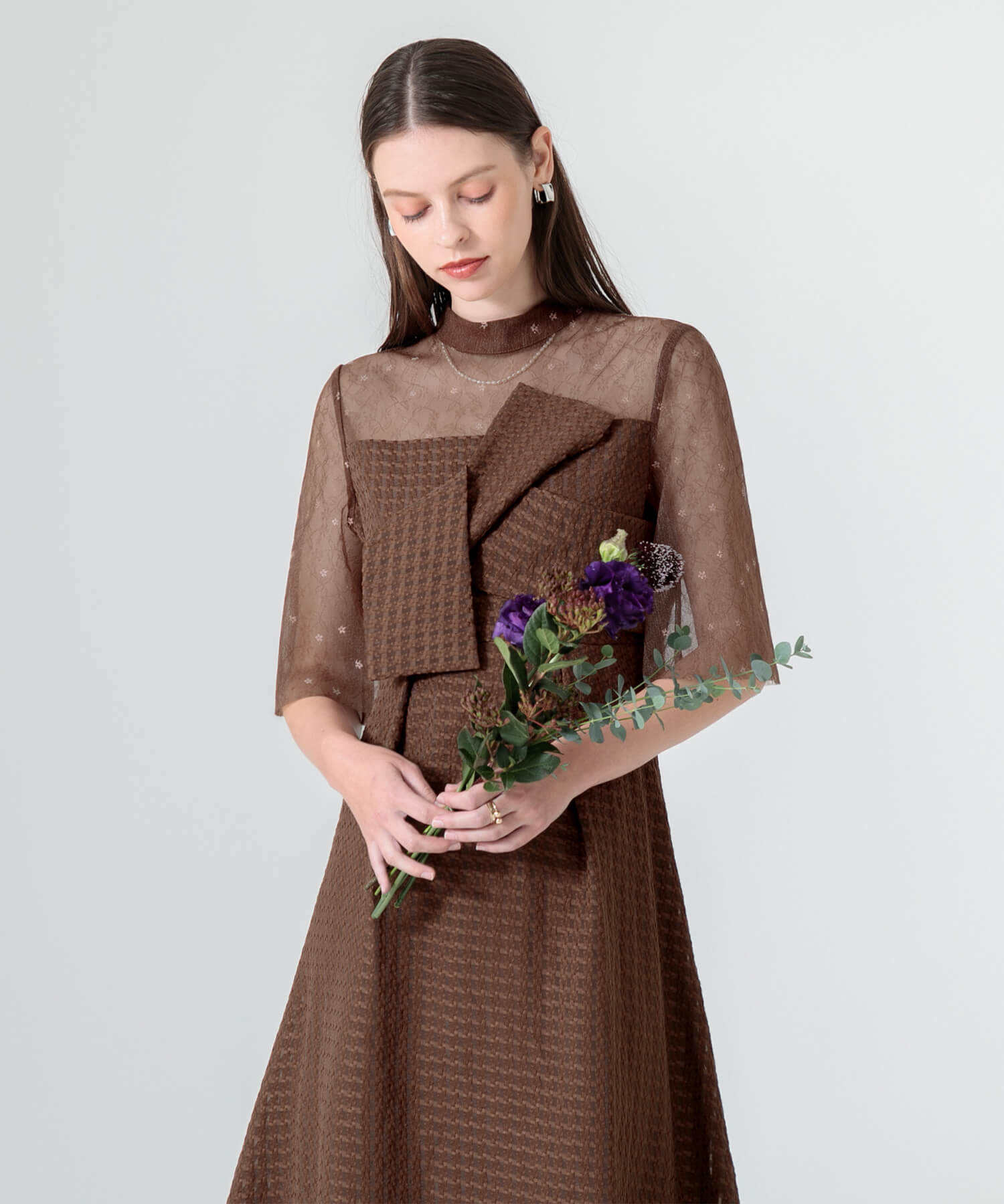 ビスチェ風切り替えプチハイネック花柄シアーレースワッフル生地ロング丈美脚効果ドレス結婚式 パーティードレス