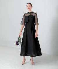 ビスチェ風切り替えプチハイネック花柄シアーレースワッフル生地ロング丈美脚効果ドレス結婚式 パーティードレス