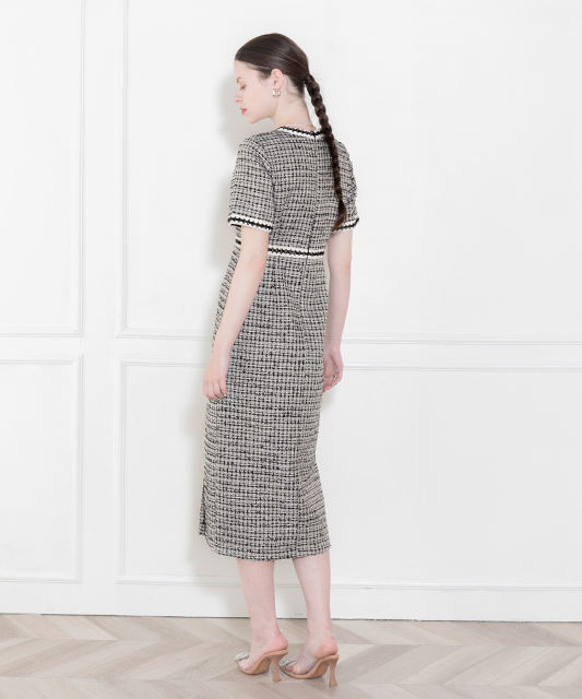 美脚効果スリット入りツイード柄ハイウエストドレス結婚式(TV紹介アイテム) パーティードレス