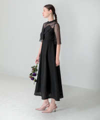 ビスチェ風切り替えプチハイネック花柄シアーレースワッフル生地ロング丈美脚効果ドレス結婚式 パーティードレス