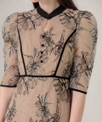 配色パイピングプチハイネック花柄刺繍ラメレースロング丈ドレスワンピース美脚効果結婚式 パーティードレス