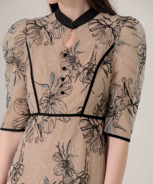 配色パイピングプチハイネック花柄刺繍ラメレースロング丈ドレスワンピース美脚効果結婚式 パーティードレス