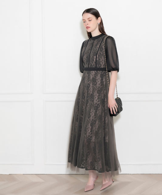 美脚効果ハイウエストチュールレース切り替えドレス結婚式(TV紹介アイテム) パーティードレス