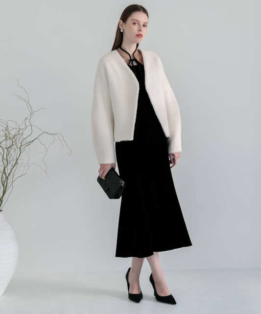 ドレスに合うアウター Vネックショートファーコートドロップショルダージャケット