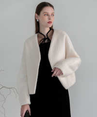 ドレスに合うアウター Vネックショートファーコートドロップショルダージャケット