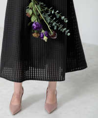 ビスチェ風切り替えプチハイネック花柄シアーレースワッフル生地ロング丈美脚効果ドレス結婚式 パーティードレス