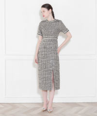 美脚効果スリット入りツイード柄ハイウエストドレス結婚式(TV紹介アイテム) パーティードレス