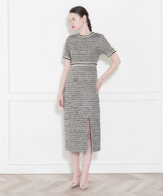 美脚効果スリット入りツイード柄ハイウエストドレス結婚式(TV紹介アイテム) パーティードレス