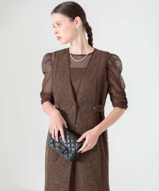 刺繍レースウエストサイド釦マーメイドシルエットジャンスカロング丈ドレスワンピース美脚効果結婚式 パーティードレス