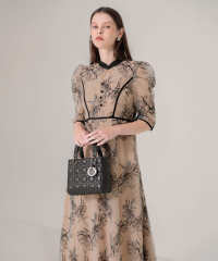 配色パイピングプチハイネック花柄刺繍ラメレースロング丈ドレスワンピース美脚効果結婚式 パーティードレス