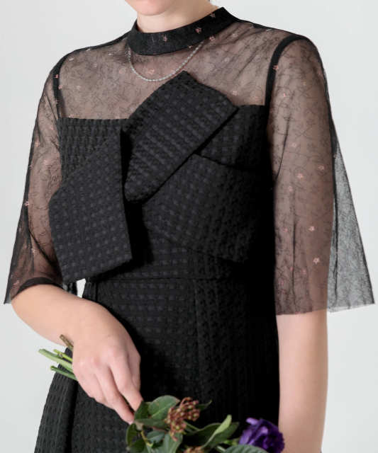 ビスチェ風切り替えプチハイネック花柄シアーレースワッフル生地ロング丈美脚効果ドレス結婚式 パーティードレス