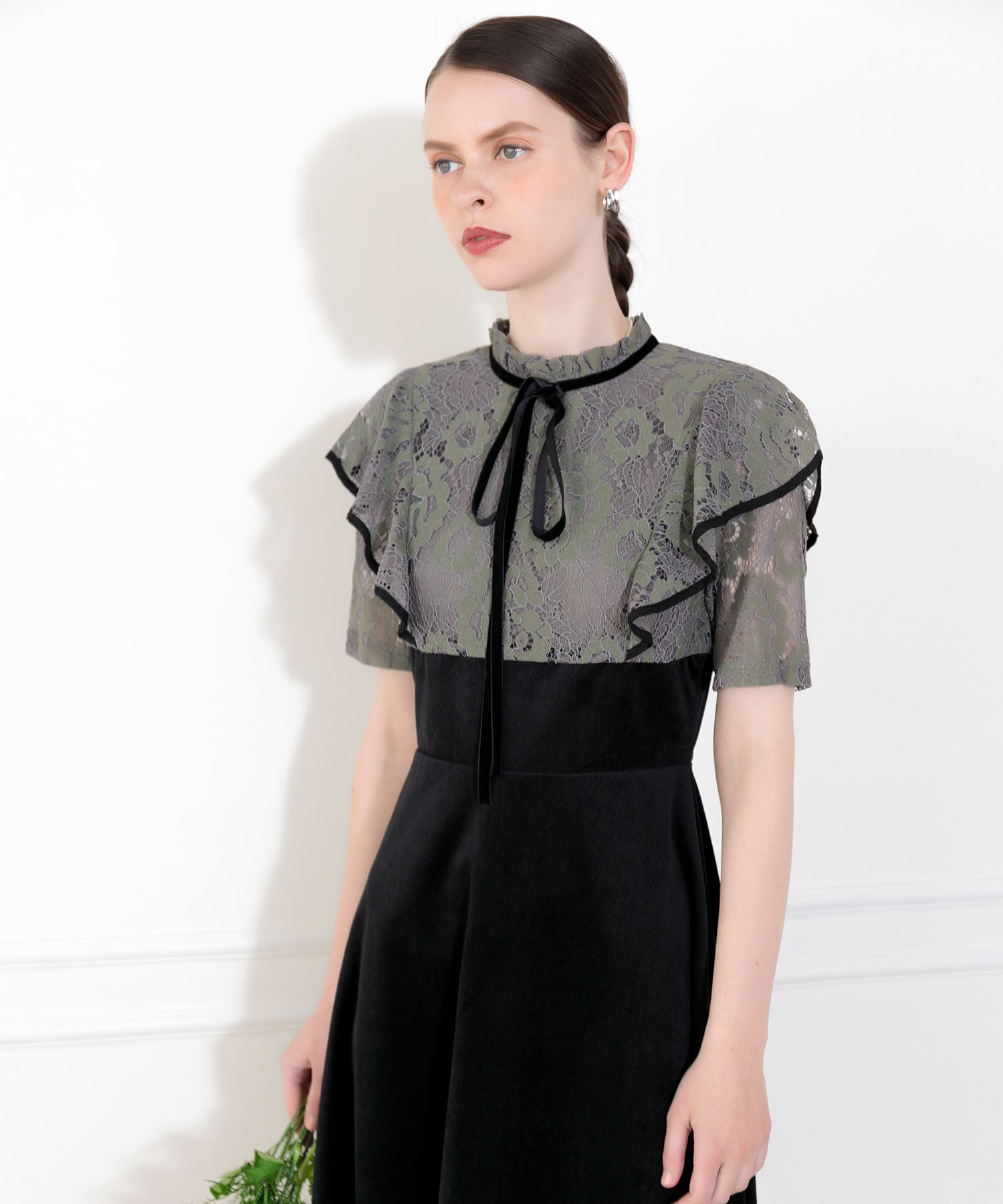 リボン付き配色ベロアレースドレス結婚式ハイウエスト美脚効果 パーティードレス