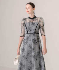 配色パイピングプチハイネック花柄刺繍ラメレースロング丈ドレスワンピース美脚効果結婚式 パーティードレス