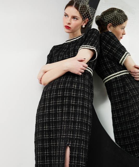 美脚効果スリット入りツイード柄ハイウエストドレス結婚式(TV紹介アイテム) パーティードレス