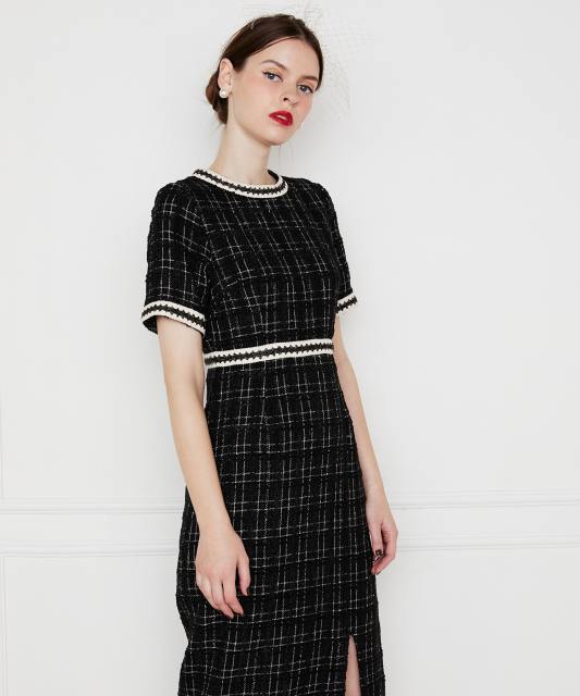 美脚効果スリット入りツイード柄ハイウエストドレス結婚式(TV紹介アイテム) パーティードレス