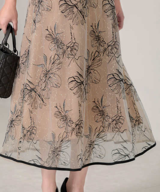 配色パイピングプチハイネック花柄刺繍ラメレースロング丈ドレスワンピース美脚効果結婚式 パーティードレス