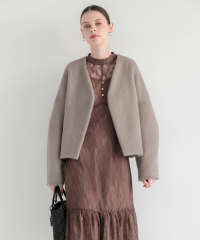 ドレスに合うアウター Vネックショートファーコートドロップショルダージャケット