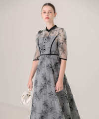 配色パイピングプチハイネック花柄刺繍ラメレースロング丈ドレスワンピース美脚効果結婚式 パーティードレス