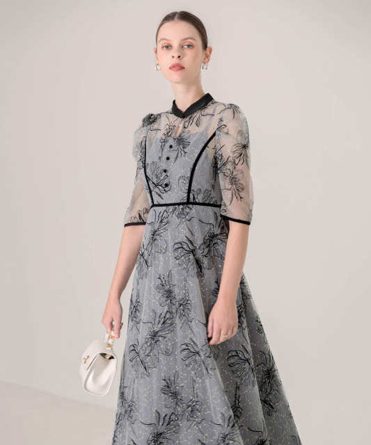 配色パイピングプチハイネック花柄刺繍ラメレースロング丈ドレスワンピース美脚効果結婚式 パーティードレス