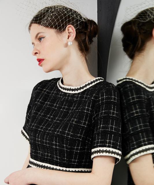 美脚効果スリット入りツイード柄ハイウエストドレス結婚式(TV紹介アイテム) パーティードレス