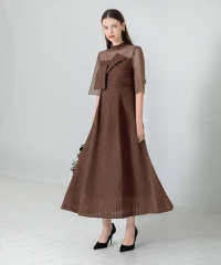 ビスチェ風切り替えプチハイネック花柄シアーレースワッフル生地ロング丈美脚効果ドレス結婚式 パーティードレス