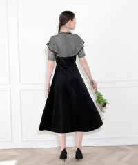 リボン付き配色ベロアレースドレス結婚式ハイウエスト美脚効果 パーティードレス