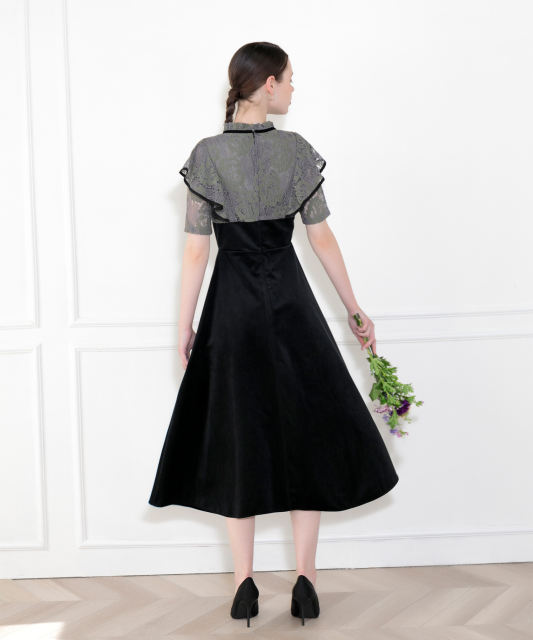 リボン付き配色ベロアレースドレス結婚式ハイウエスト美脚効果 パーティードレス